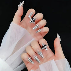 Saturn Design Glitter Short False Nails Tips Handmade French Style Press On Nails Y2K Coffin Ballet  Acrylic Fake Nail With Glue