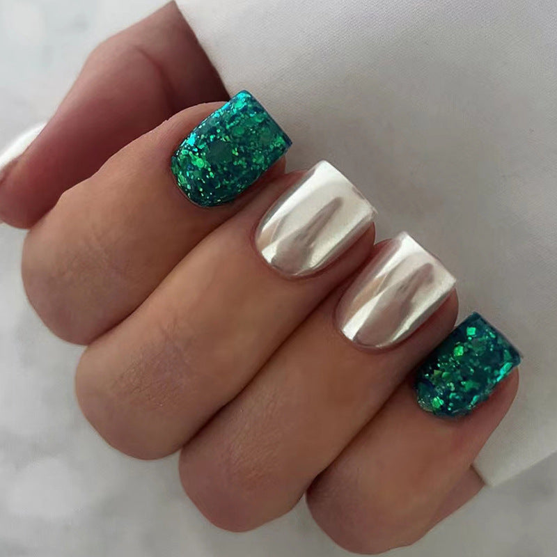 YICKYUE  -  Sexy Dark Green Black Leopard Print Long Square Fake Nail Art Glossy Detachable Finished False Nail Tip Press on Nail with Glue