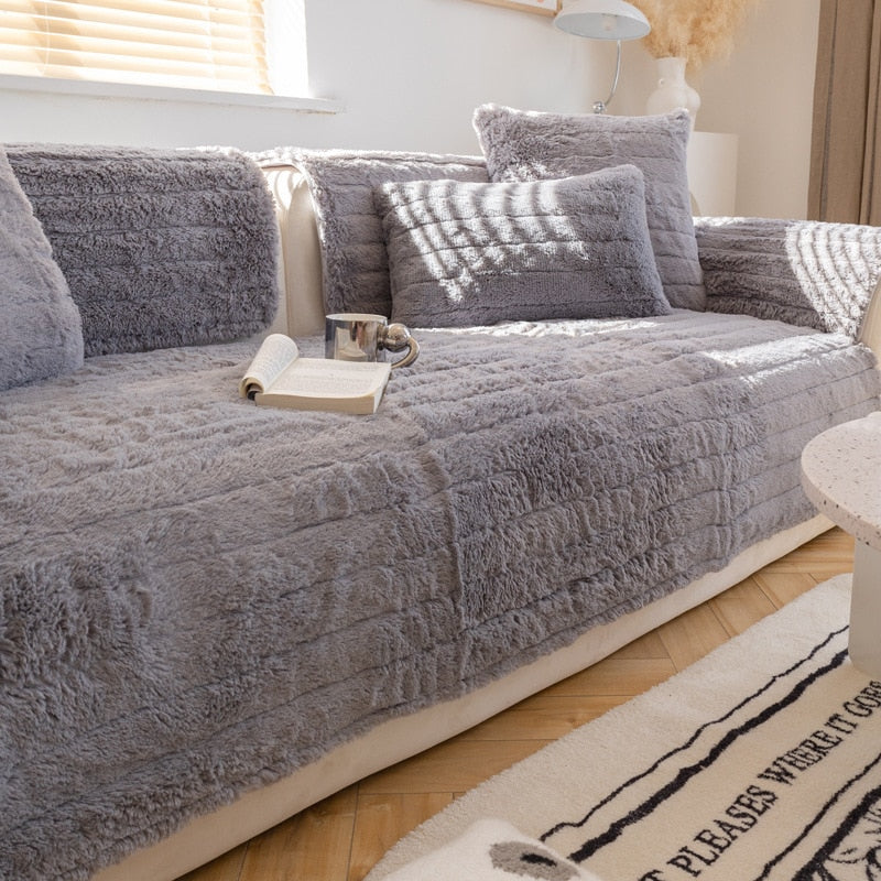 Thickened plush sofa cover solid color warm non-slip living room sofa covers high-end home decoration protective cover Universal