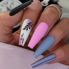 24Pcs/Set Press On False Nails Long Ballerina Manicure Artificial Nail Art Finished Matte Striped Contrast Color Wear Fake Nail