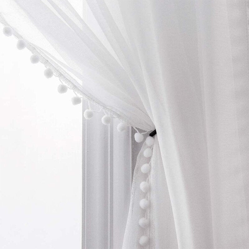 Yaapeet Linen Look Pom Pom Tasseled White Curtains Rod Pocket Voile Semi-Sheer Curtain Light Filter Bedroom Living Room Drape