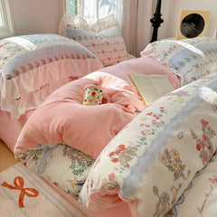 YICKYUE  -  Milk Velvet Bedding Set Winter Warmth Double Sided Thicken Four Piece Set Bed Linen Quilt Cover Sheet Pillowcase Bedroom Decor