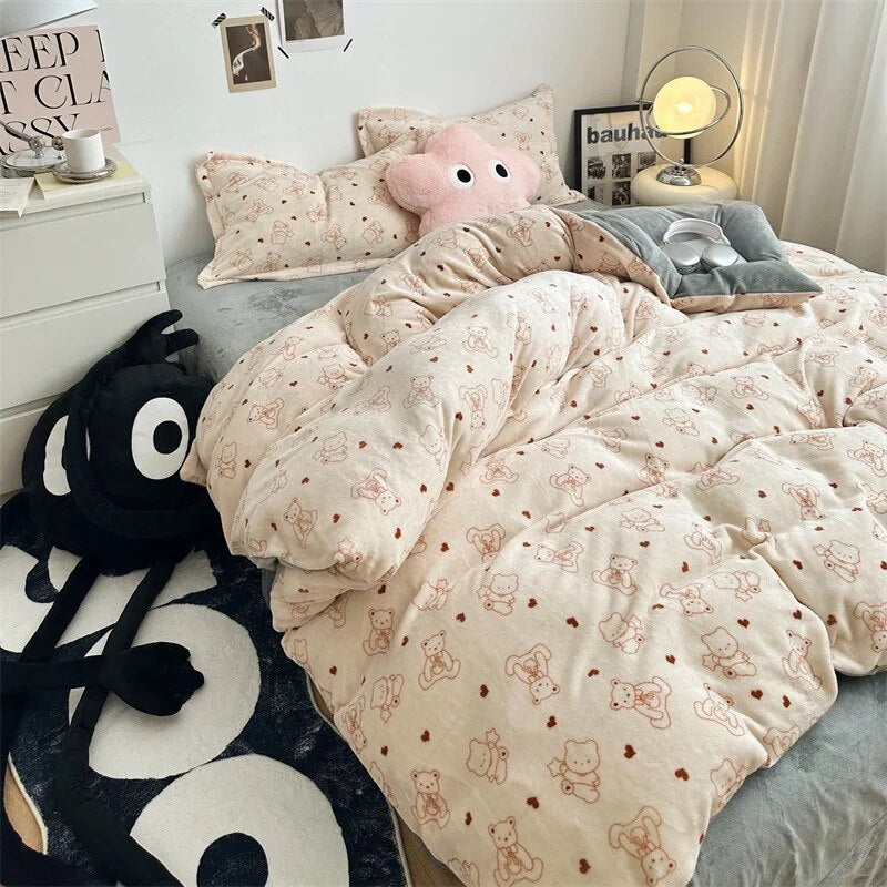 Yickyue Velvet Warm Bedding Set for Winter Big Eyes Flannel Fleece Duvet Cover Set with Sheets Single Double Quilt Cover Sets