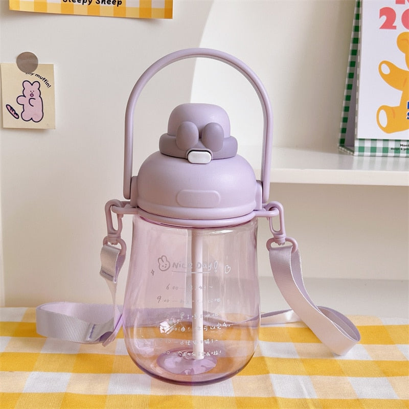 1100ML Large-Capacity Water Bottle Cute Rabbit Plastic Cup Direct Drinking Straw Cup Portable Cold Drinking Bottle with Stickers
