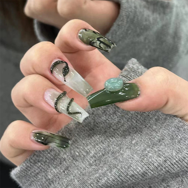YICKYUE  -  Bamboo Shadow Snake Jade Handmade Press on Nails Wearing Armor, Chinese Style Gradient Dyeing, Dark Green Nail Art  Fake Nail