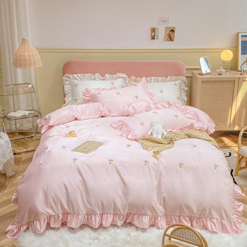 Yickyue - Comfortable and Soft Sweet Style Satin Bedding Set 4 Pcs