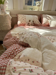 Yickyue  -  Romantic sweet flower plaid red lace bedding set,full queen king fairyfair cotton home textile bed sheet pillow case quilt cover