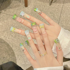 YICKYUE  -  10pcs Cute Bear Handmade Nails Spicy Girl Duck-bill Press on Nails Korean Mid-length False Nails Tips French Edge Design