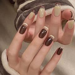 French Two-color Fake Nails Press on False Nail Set Full Cover Artificial Short Square 24pcs/pack With Wearing Tools