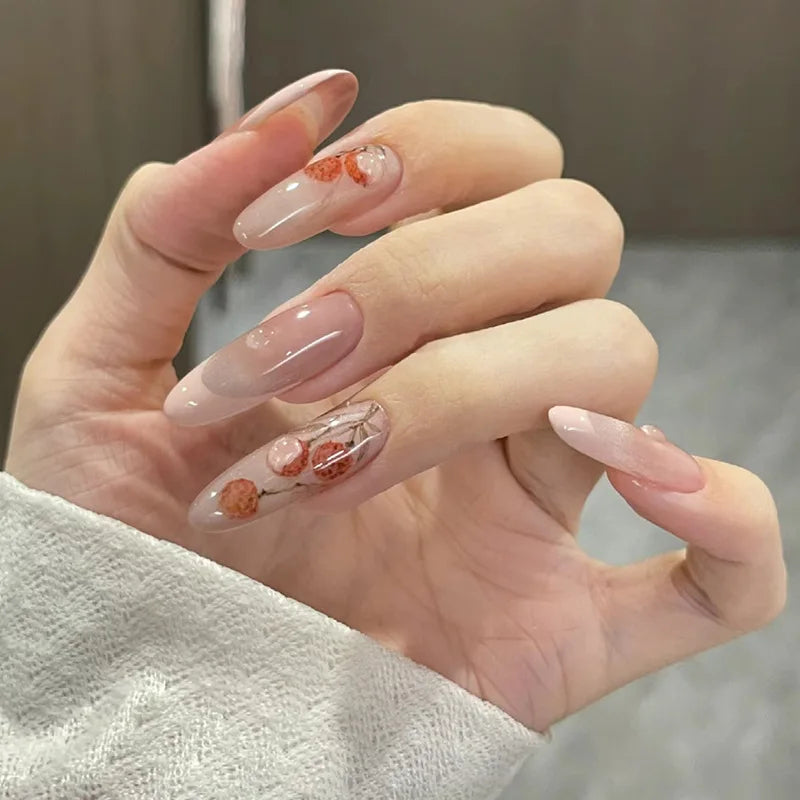 YICKYUE  -  24pcs Sweet Pink Cat Eye Fake Nails Shiny Nude Pink Bow Decor False Nails Wearable Full Cover Korean Cute Almond Press on Nails