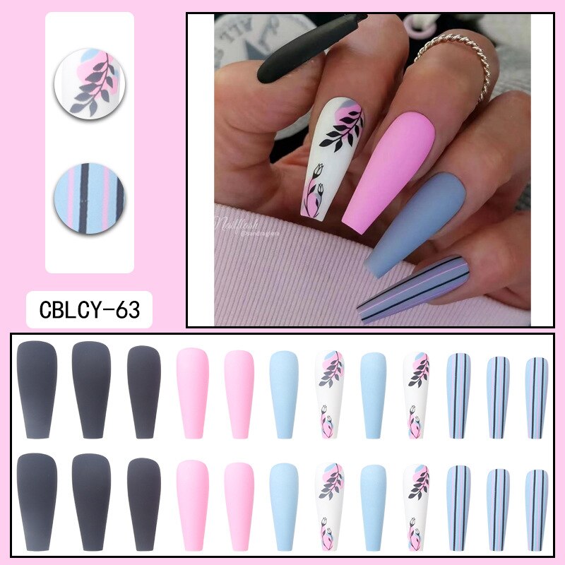 24Pcs/Set Press On False Nails Long Ballerina Manicure Artificial Nail Art Finished Matte Striped Contrast Color Wear Fake Nail