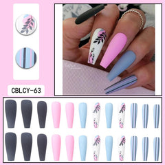 24Pcs/Set Press On False Nails Long Ballerina Manicure Artificial Nail Art Finished Matte Striped Contrast Color Wear Fake Nail