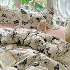 YICKYUE  -  Ins Solid Butterfly Bedding Set for Adult, Twin, Full, Queen Size Bed Linen, Floral Bed, Flat Sheet, Pillowcase Cream Style