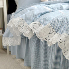 YICKYUE  -  100% Cotton Bedding Set Luxury Blue Plaid Printing Princess Lace Duvet Cover Bed Skirt Bedspread Pillowcases Home Textile