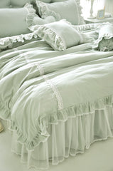 Yickyue Korean Style Princess Bedding Set Luxury Green Lace Ruffle Solid Duvet Cover Bedspread Bed Skirt Pillowcases Queen King Size