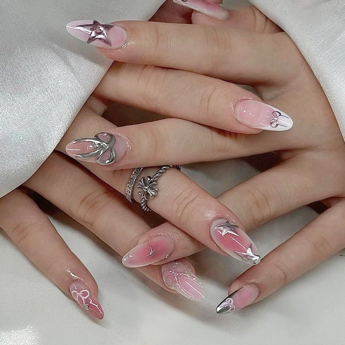 YICKYUE  -  24pcs Spicy Girl Style Fake Nails 3D Sliver Bow Butterfly Decor False Nails Wearable Y2k Sliver Pink Almond Press on Nail Tips