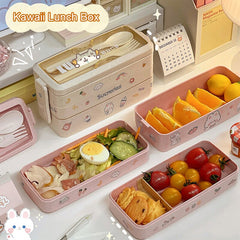 1000ml Cute Wheat Straw Lunch Box With Sticker For Kids School Adults Office Microwave Picnic Portable Bento Box With Spoon Fork
