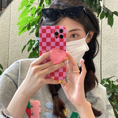 2022 Hot cute checkerboard 3D crystal Love Heart Bracket soft phone case for iphone 12 11 13 Pro Max X XS XR Max girl gift Cover