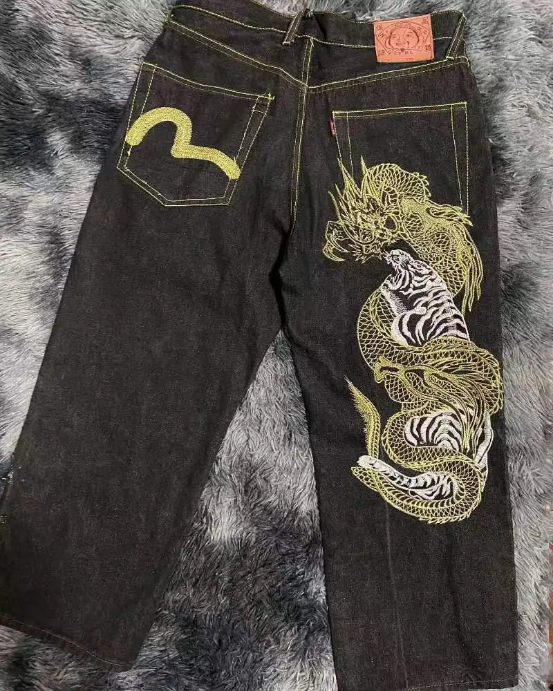 Hearujoy  90s Streetwear Y2k Baggy Jeans Harajuku Hip Hop Dragon Pattern Retro Black Oversized Baggy Jeans Men Women New Gothic Wide Trousers Streetwear