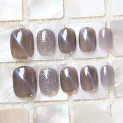 24pcs/box Wearable Finger Fake Nail with glue Blue Grey Aurora Effect Japanese Summer Showing Hands White Fingernail Patches TN