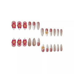 YICKYUE  -  24pcs Long Almond Aurora Fake Nails Press On Acyrlic Nails Wearable French False Nails with 3D Red White Crystal Flower Decor