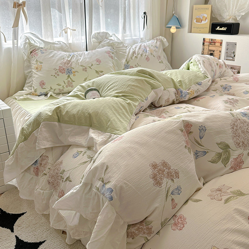 YICKYUE  -  French Romantic Style Bedding Set Princess Skin Friendly And Comfortable Quilt Cover Lace Washed Cotton Printed Duvet  Cover Set