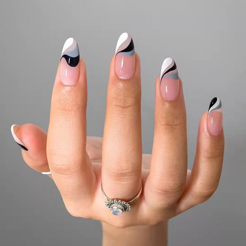 New Almond Round Wavy False Nails black and white designs French Full Cover Fake Nails DIY Glue Press On Nails Nail Supplies