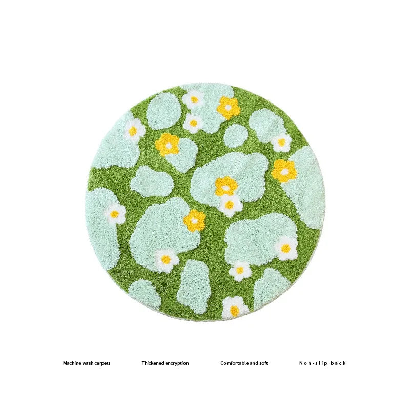 YICKYUE  -  Green Moss Daisy Round Rug Aesthetic Home Soft Carpet Kids Room Non-Slip Computer Chair Floor Mats Thick Tufted Rug Bedroom