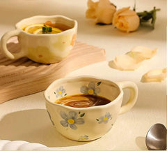 YICKYUE  -  Ceramic Mugs Coffee Cups Hand Pinched Irregular Flower Milk Tea Cup Ins Korean Style Oatmeal Breakfast Mug Drinkware Kitchen