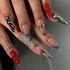 YICKYUE  -  White Ballet French Wea Gold Lava Water Ripple Nail Art Almond Shape False Nails Detachable Finished Fake Nails Press on Nails