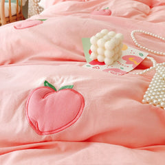 Yickyue Kawaii Peach  Bedding Set For Home Cotton Pink Twin Full Queen Size Cute Double Bed Sheet Pillowcase Duvet Quilt Cover