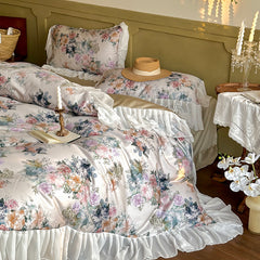 YICKYUE  -  1000TC Egyptian Cotton Vintage French Flowers Lace Ruffles Princess Bedding Duvet Cover Set Fitted Sheet Or Bed Sheet Pillowcase