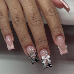 YICKYUE  -  24Pcs Y2k French False Nails with Designs Lovely Cute Diamond Artificial Nails 3D Wave Pearl Bow Full Cover Nail Tips with Glue