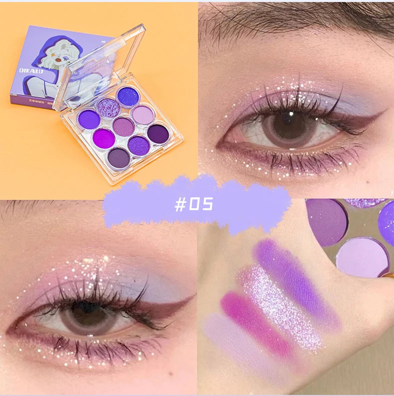 YICKYUE  -  9 Colors Makeup Party Eyeshadow Pallete Shiny Purple Eye Shadow Palette Brown Shimmer Glitter Matte Shades Neon Pigments