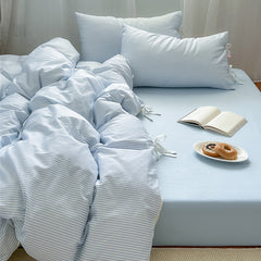 YICKYUE  -  Korean Style Bow Cotton Four-piece Set Striped Simple Cotton Quilt Cover Bed Sheet Dormitory Bed Four-piece Set