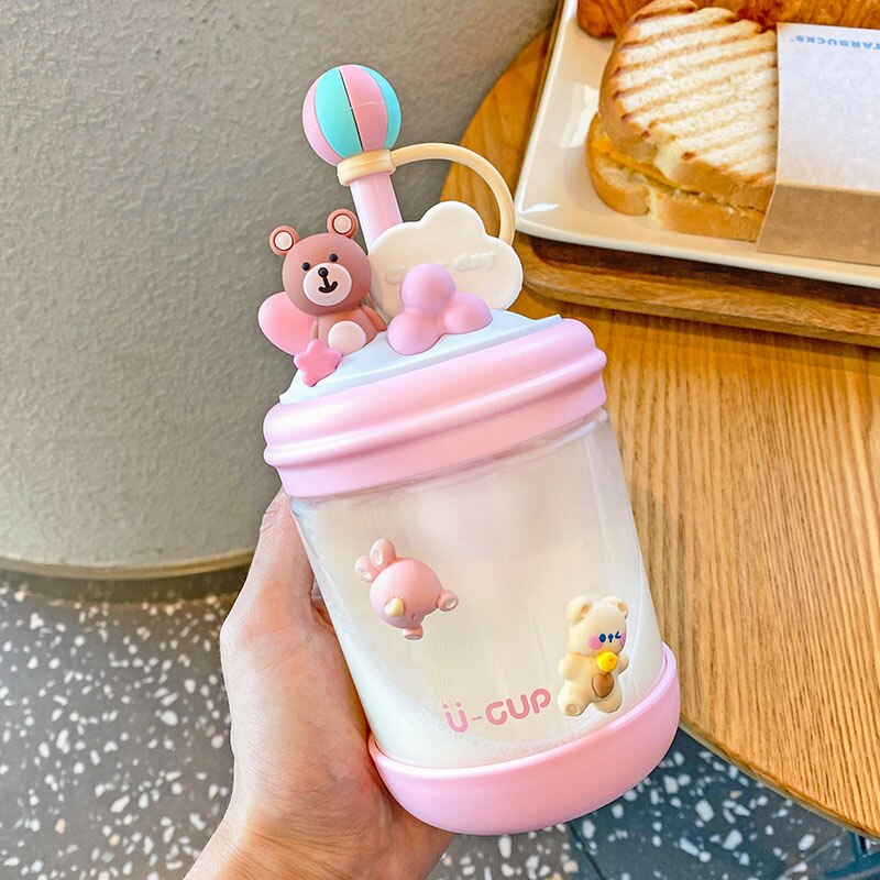 Kawaii Bear Candy Water Bottle With Straw Sticker Cute Plastic Juice Milk Portable Shaker Leakproof Water Cup For Kids BPA Free