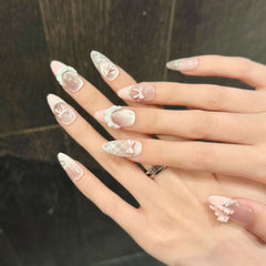 YICKYUE  -  10pcs Handmade Press on Nails French Cat Eye Pink Bow Decor Korean False Nails Wearable Full Cover Ins Almond False Nail Tips