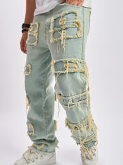 Hearujoy Solid Cotton Blend Frayed Wide Leg Jeans - Men's Stylish Street Style Bottoms