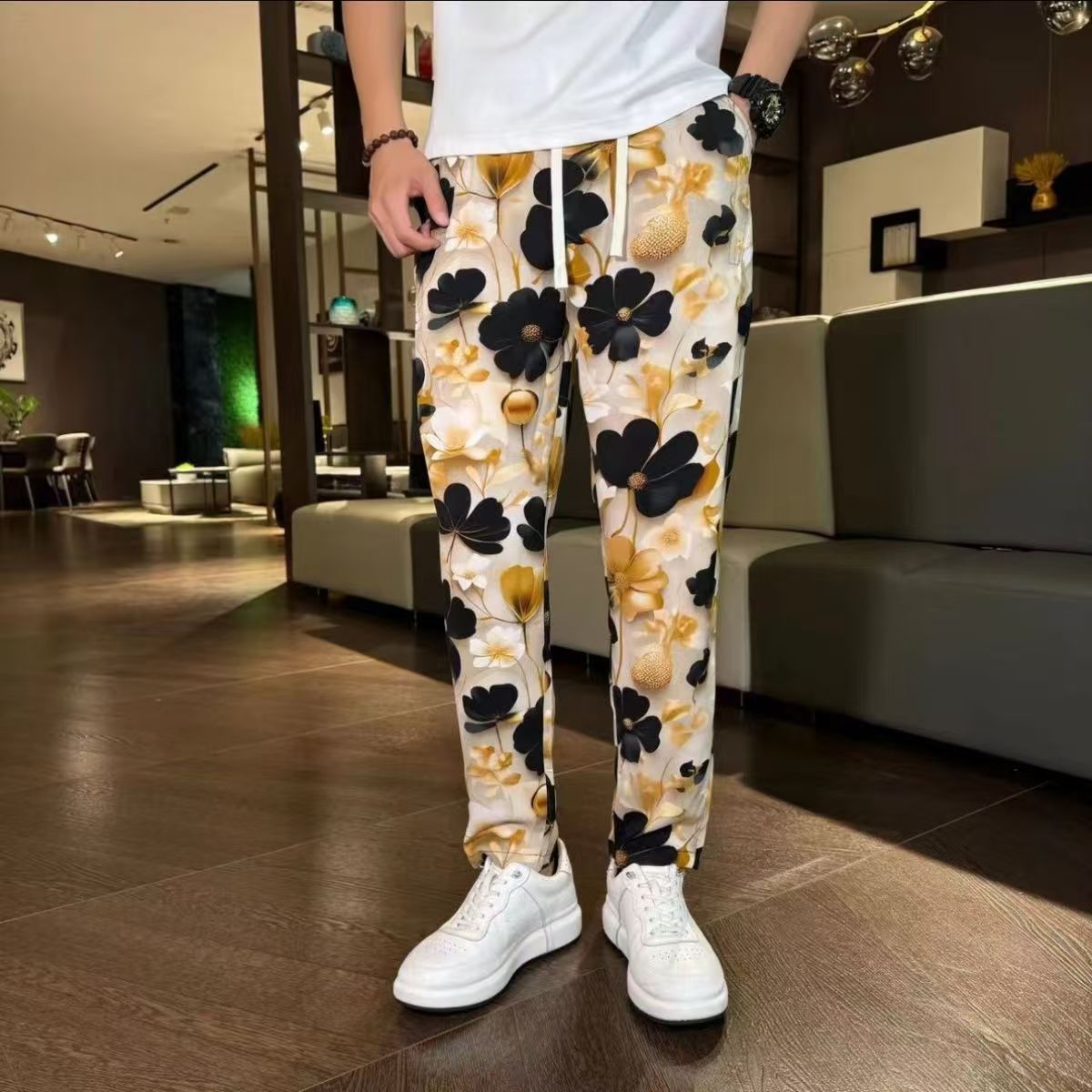 Hearujoy Vintage Tie Dye Ink Painting Casual Pants Men Ethnic Style Flower Pattern Lightweight Ice Silk Straight Leg Trousers Summer