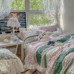 Yickyue Retro Mori Girlish Heart Cotton Four-Piece Cotton Quilt Cover Bed Sheet Fitted Sheet 1.5/1.8 M Bedding