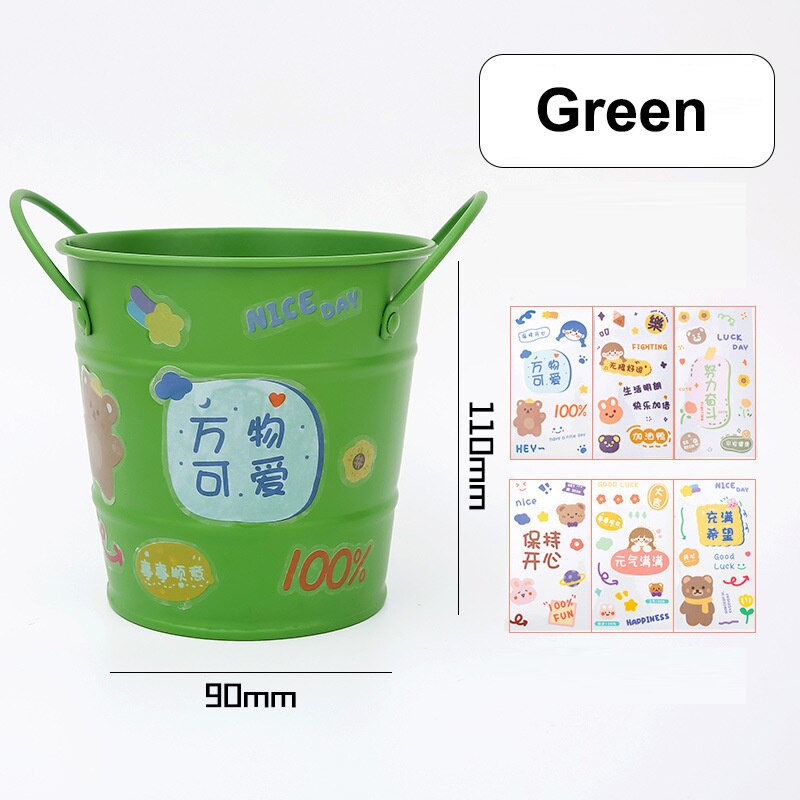 Kawaii Round Pen Holder Large Capacity Desktop Makeup Brush Storage Bucket Wrought Iron Desktop Storage Box with 3D Stickers
