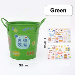 Kawaii Round Pen Holder Large Capacity Desktop Makeup Brush Storage Bucket Wrought Iron Desktop Storage Box with 3D Stickers