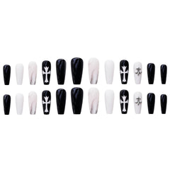 24Pcs/Box  Black White  Medium LongBallet Wearable Fake Nails Press on Square Head Full Cover Detachable Finished Fingernails