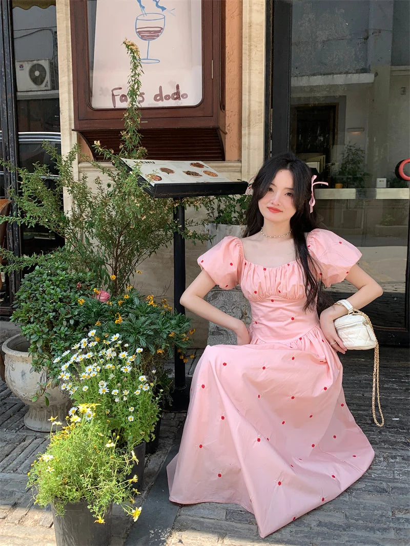 YICKYUE  -  French Gentle Square Collar Bubble Sleeve Vestidos Temperament Dress Female Robe Summer New Waist A-wave Long Dresses