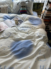 Yickyue -  Lovely cartoon rabbit heart blue bedding set,twin full queen cute sweet cotton home textile bed sheet pillow case quilt cover