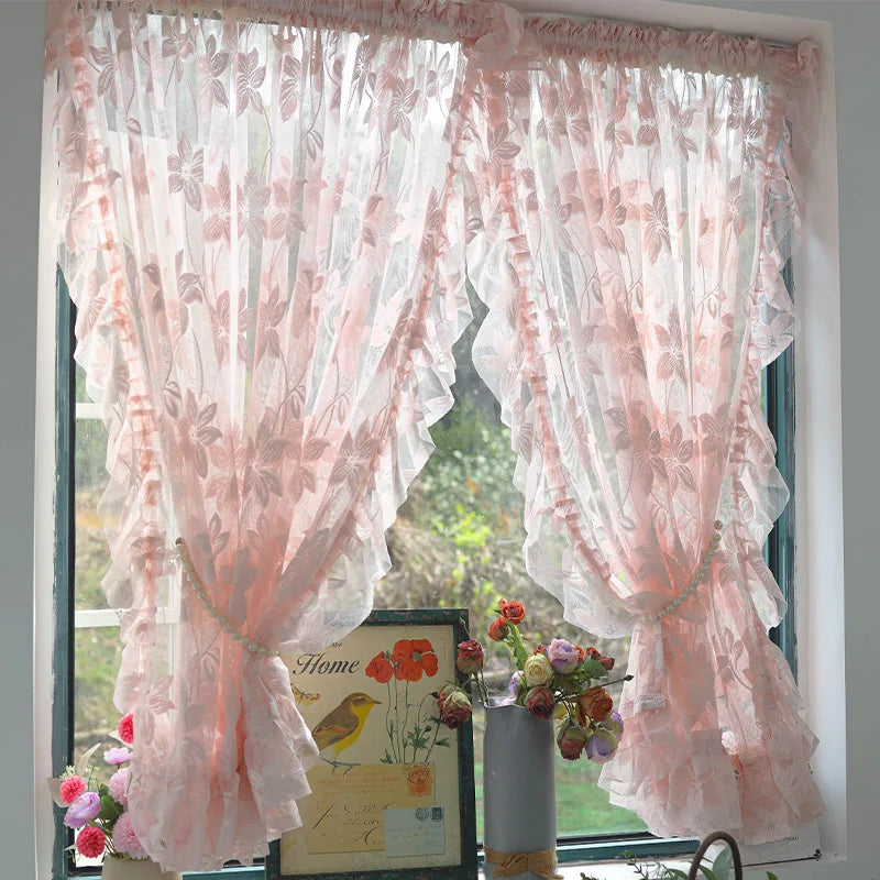 YICKYUE  -  Korean Style Lace Flower Pattern Embroidered Sheer Tulle Ruffles Pink Short Curtain for Door, Kitchen Window Drapes, Bedroom