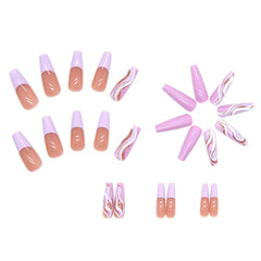24 PCS Long Coffin Ballet False Nail Rose Pink Wave Print Full Finished Fake Nail Patch Nail Art Decorations Press on Nails