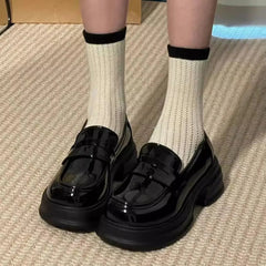 YICKYUE  -  Women's Retro British Style Black Leather Shoes 34-46 Large Size Uniform Single Shoes Thick Bottom Flat Heels round Toe