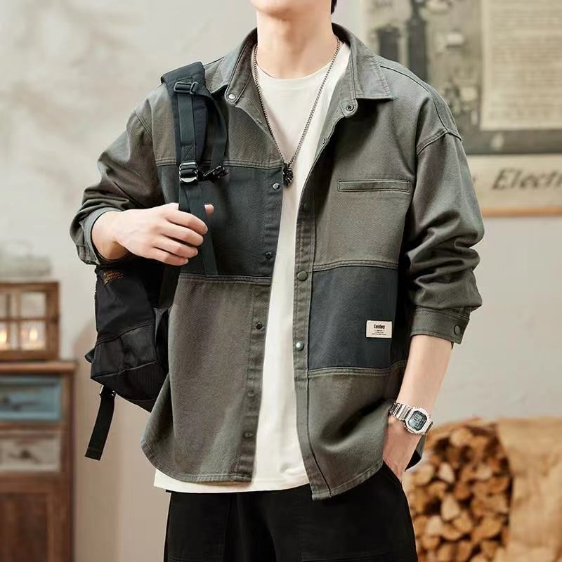 Hearujoy American Vintage Denim Shirt For Men Heavy Weight Patchwork Jacket Spring Autumn Trendy Loose Shirts Coat Streetwear Casual Top