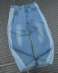 Hearujoy  90s Streetwear Y2K Casual Jeans Harajuku Classic Striped Light Blue Jeans Graphic Embroidery High Waist Straight Pants Baggy Trousers Men Women